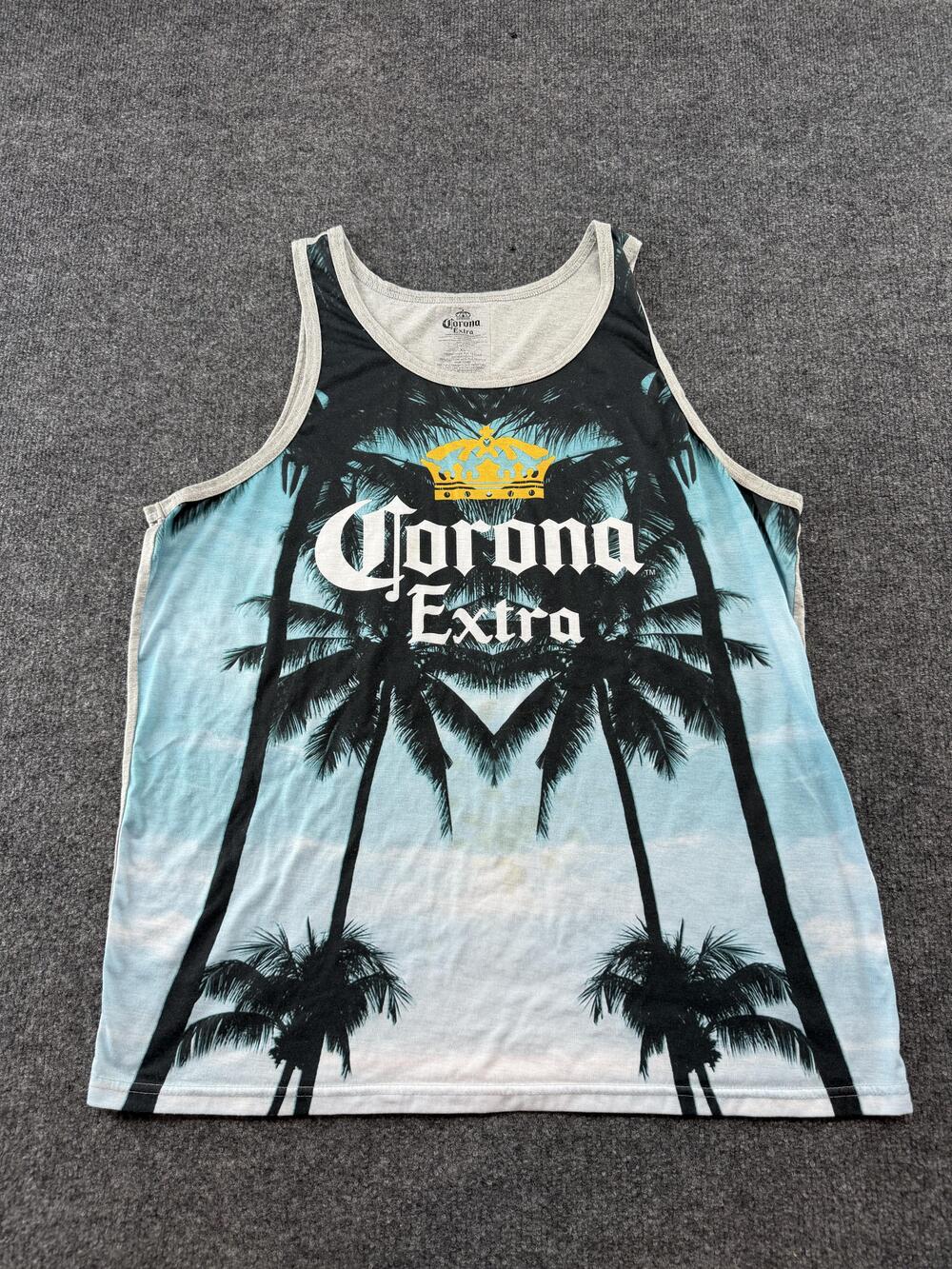Corona Extra Shirt Mens XL Blue Tank Top Palm Trees Graphic Beer Beach Tropical